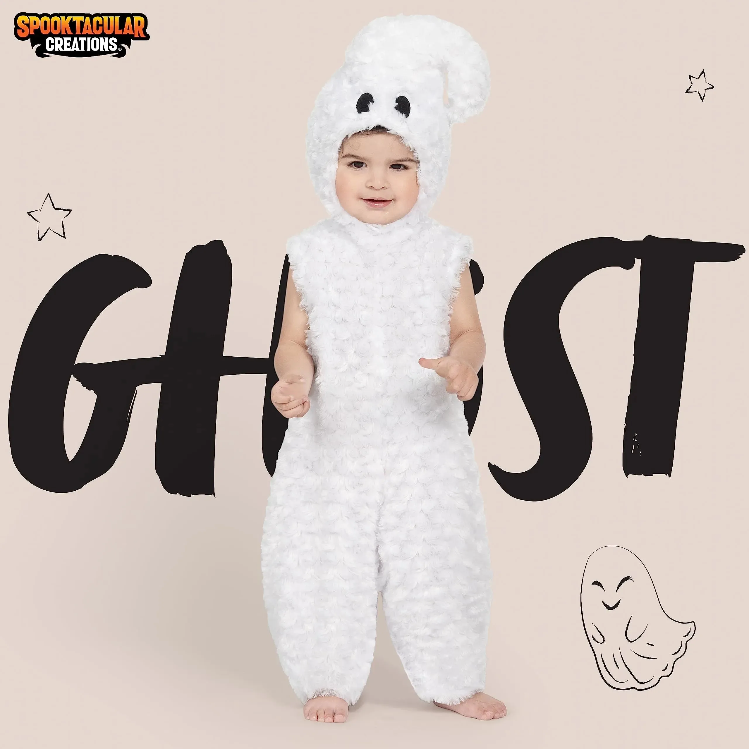 Toddlers Halloween Ghost Costume, White Belly Ghost Jumpsuit with Hood