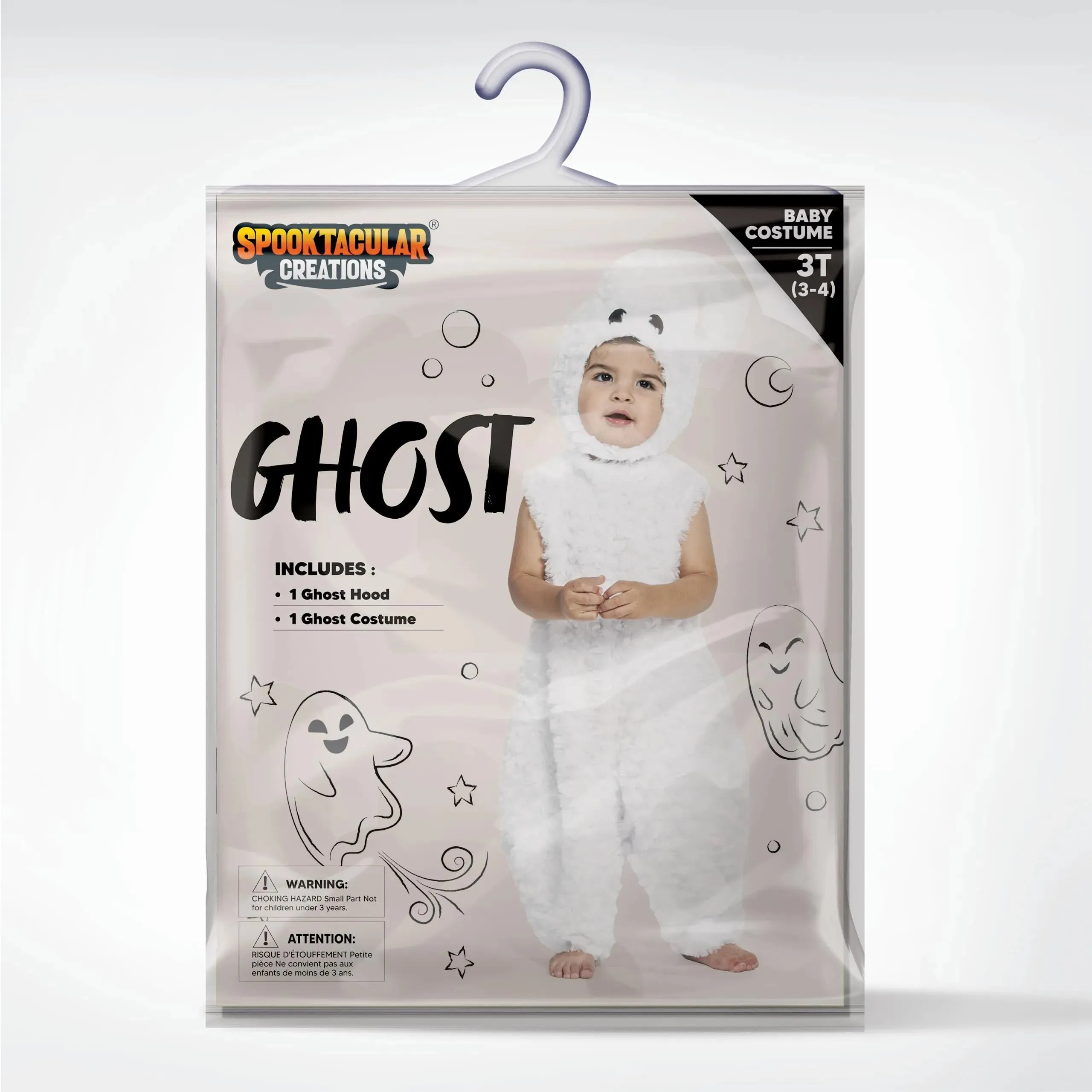 Toddlers Halloween Ghost Costume, White Belly Ghost Jumpsuit with Hood