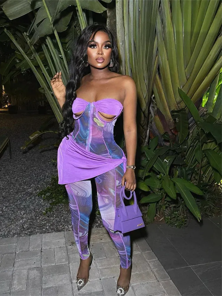 Trendy Strapless Ribbon Purple Print Jumpsuit