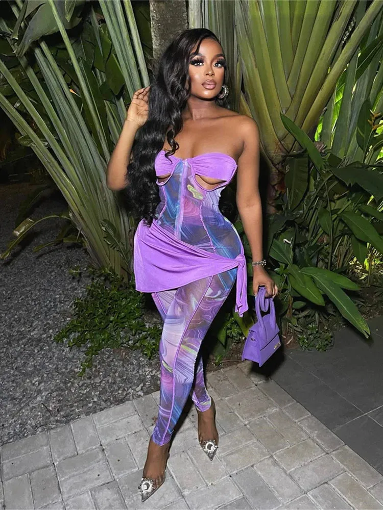 Trendy Strapless Ribbon Purple Print Jumpsuit