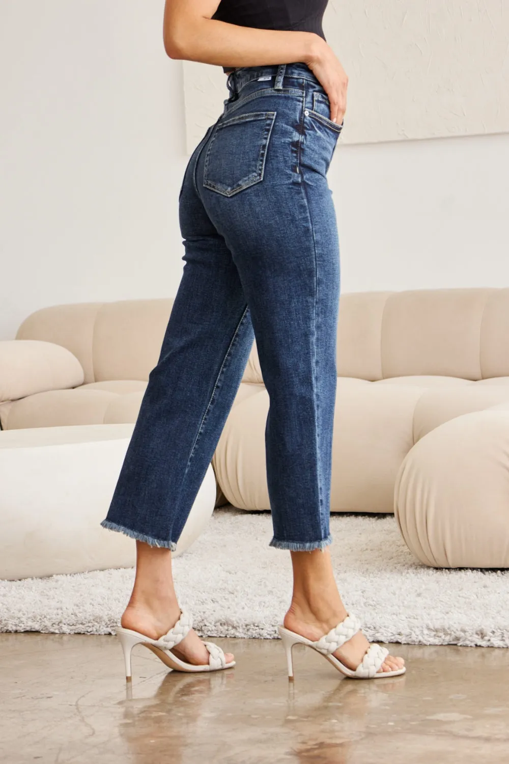 Tummy Control High Waist Raw Hem Jeans