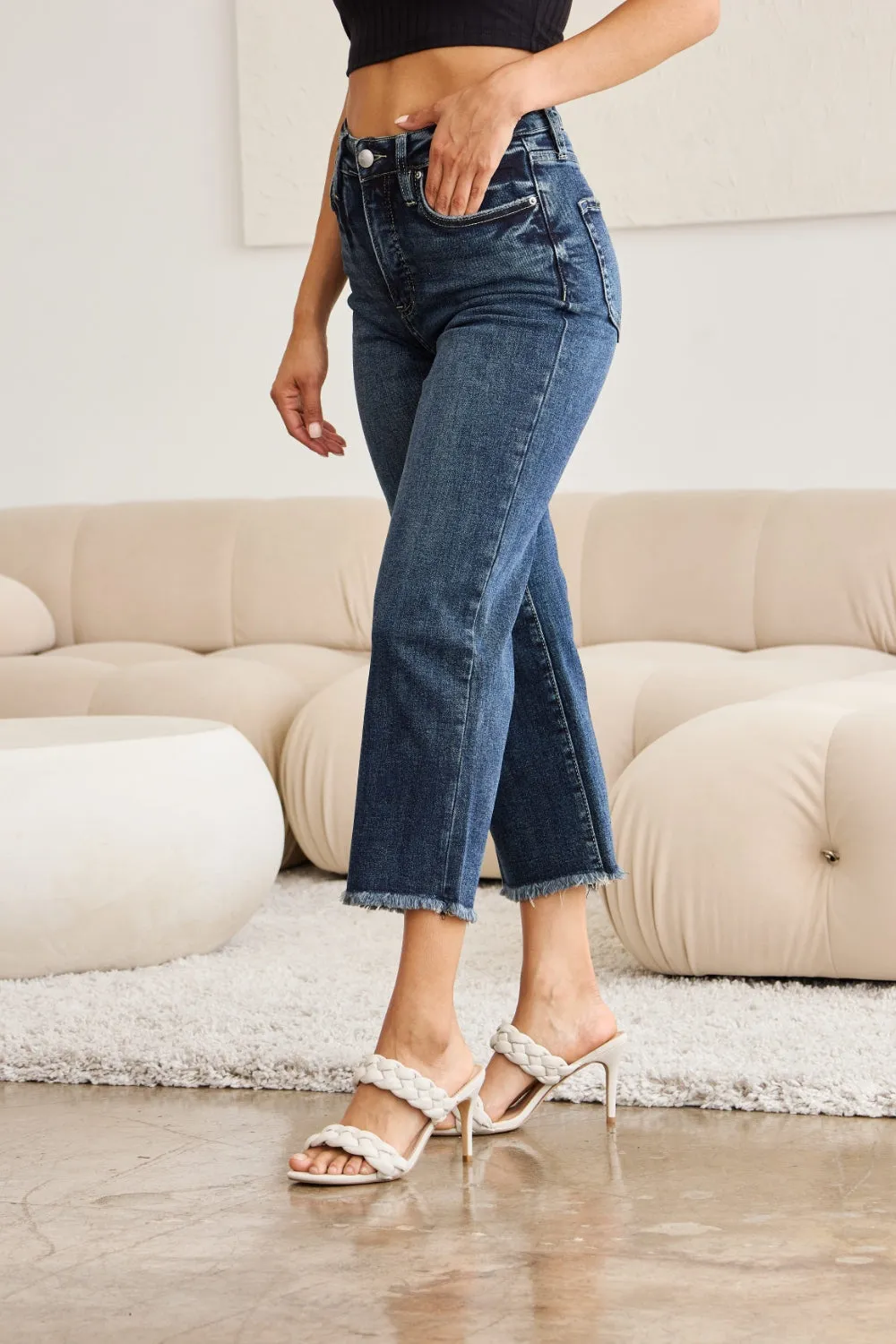 Tummy Control High Waist Raw Hem Jeans