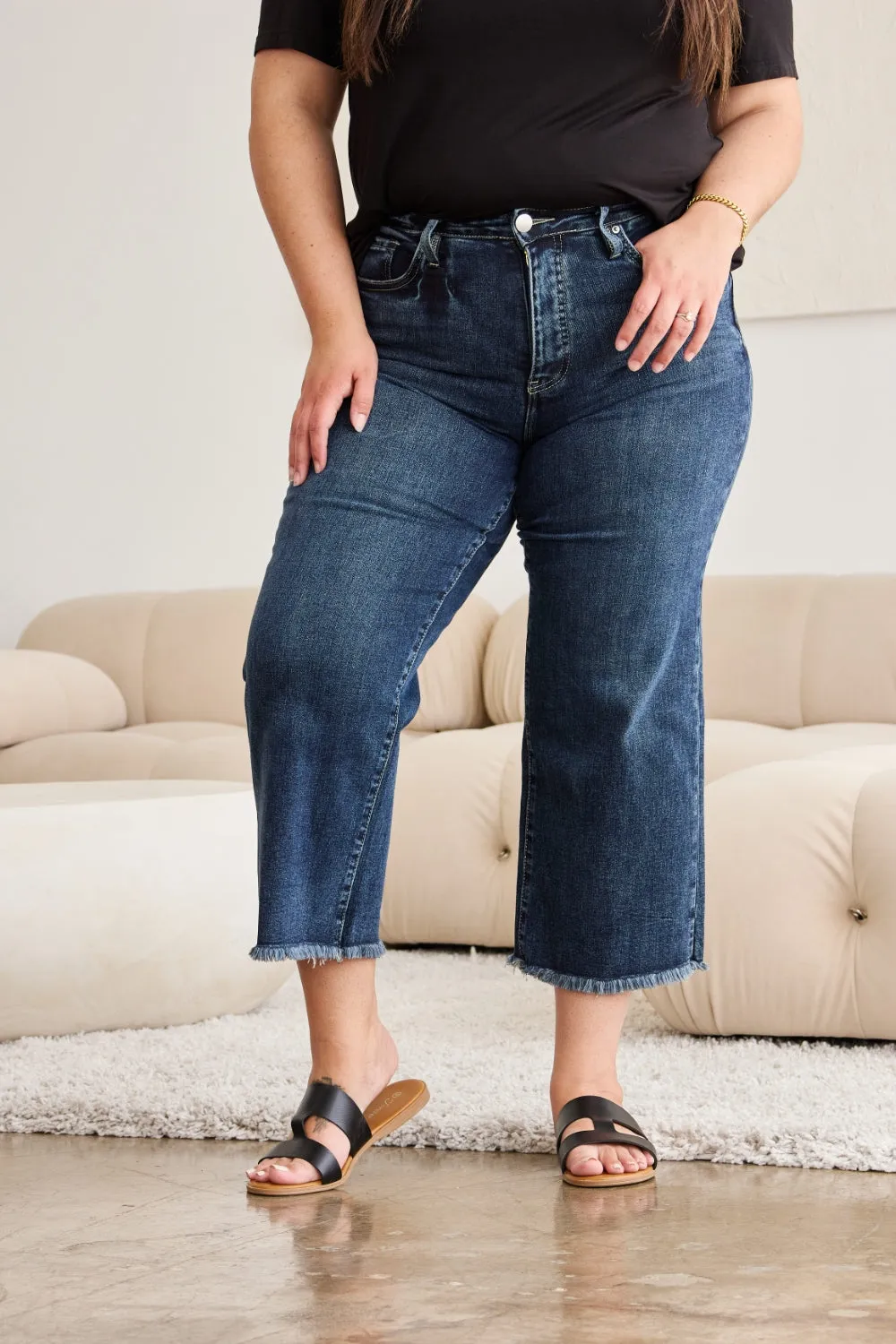 Tummy Control High Waist Raw Hem Jeans