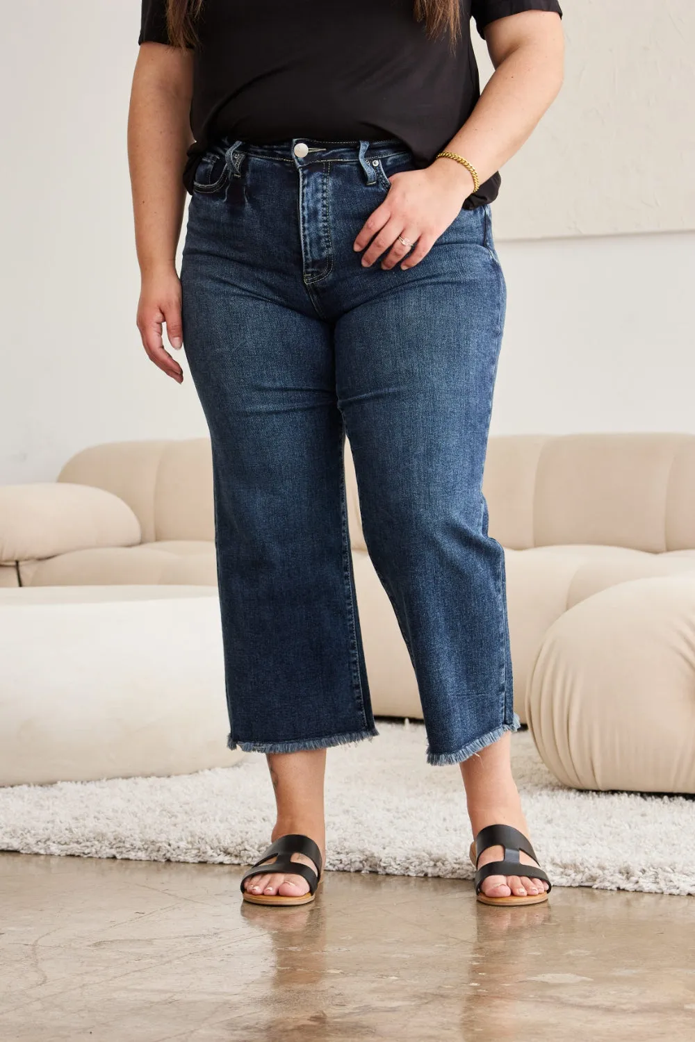 Tummy Control High Waist Raw Hem Jeans