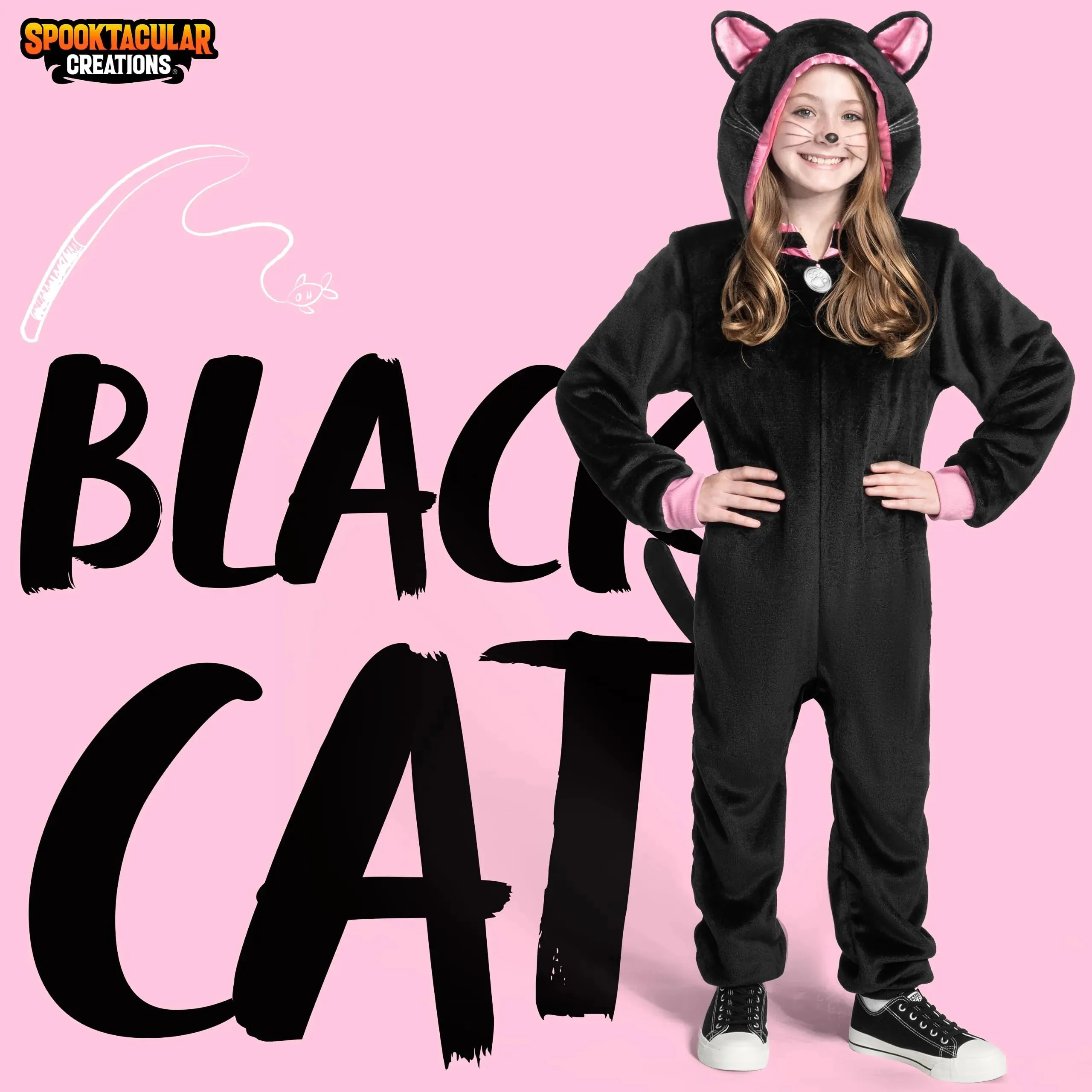 Unisex Black Cat jumpsuit Pajama for Kids Zip-Up Hooded Jumpsuit