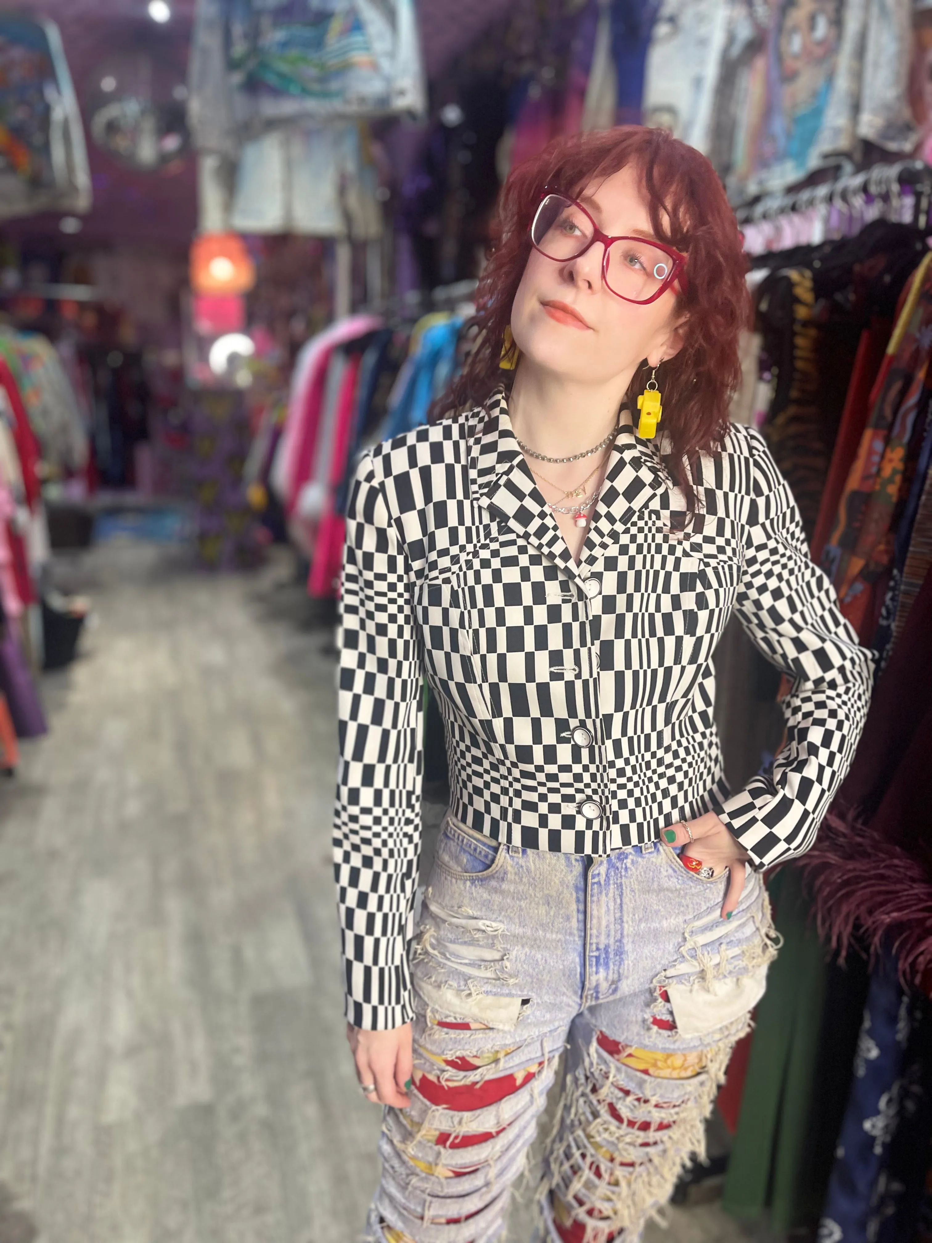 Vintage 90s Trippy Checkered Cropped Jacket