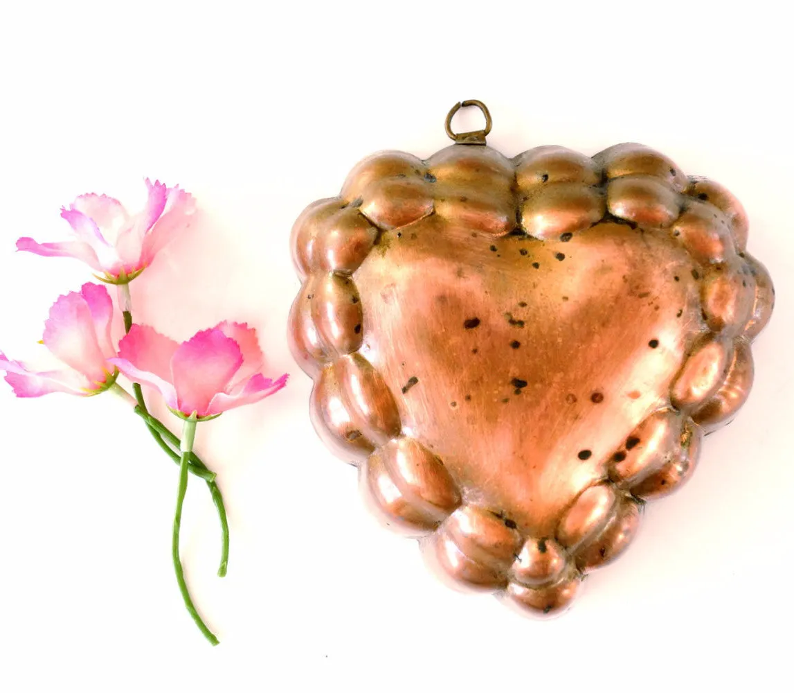 Vintage Aluminum Heart Shaped Fluted Jello Mold in Dark Pink Copper (c.1960s)