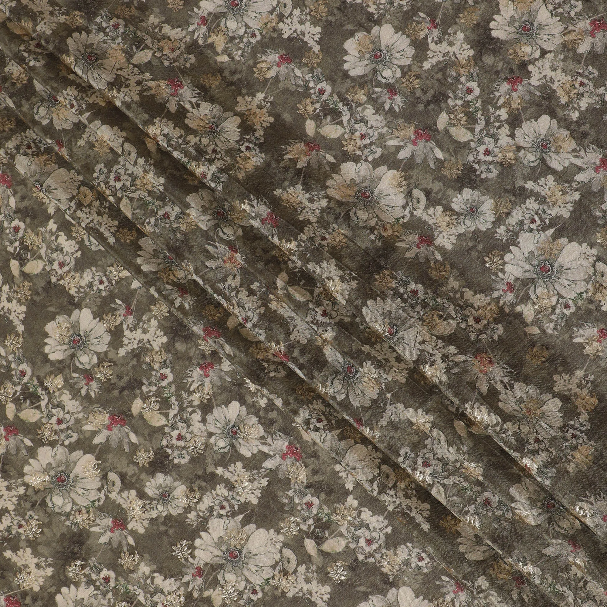 Vintage Grey Floral Viscose Digital Printed Fabric - Soft & Lightweight, 110 cm Width-D20257