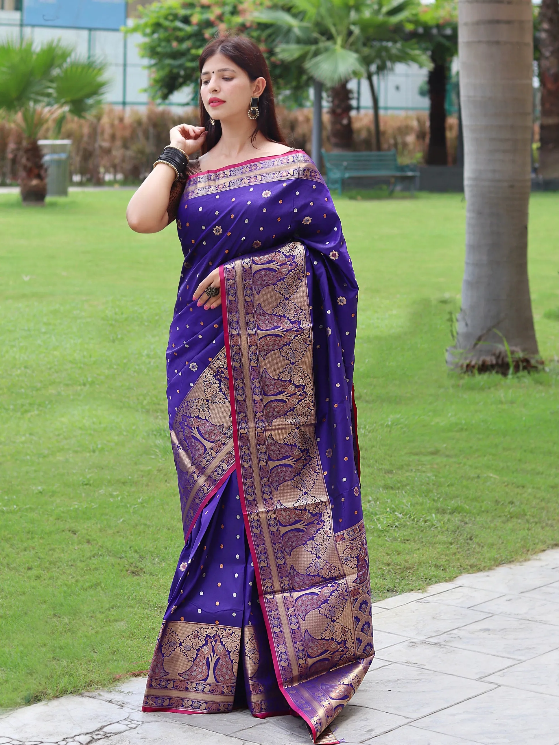 Violet Blue Saree in Soft Silk with Three Colored Zari