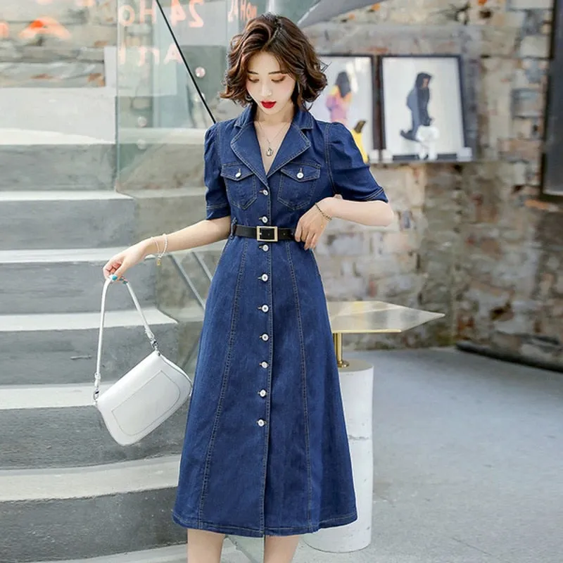 Wenkouban 2022 Summer  Women Denim Straight Slim Jeans Solid High Waist Short Sleeve Casual Dresses