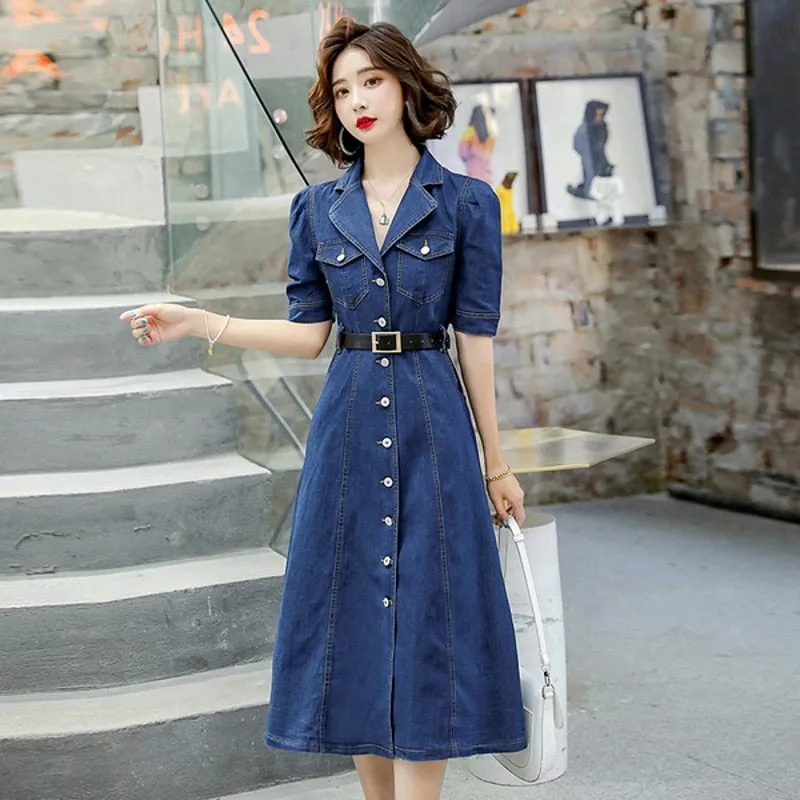 Wenkouban 2022 Summer  Women Denim Straight Slim Jeans Solid High Waist Short Sleeve Casual Dresses