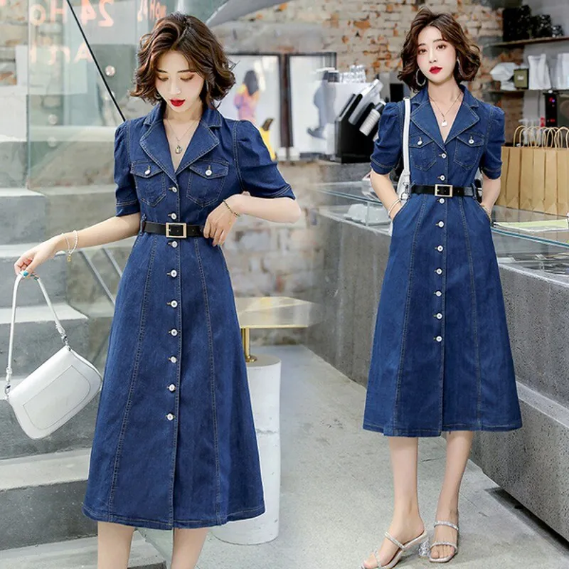 Wenkouban 2022 Summer  Women Denim Straight Slim Jeans Solid High Waist Short Sleeve Casual Dresses