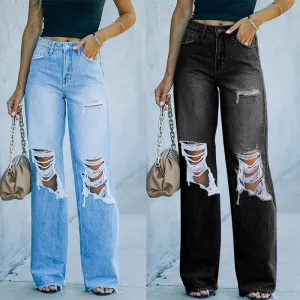 Wenkouban baggy jeans Factory Direct Women's Jeans 2024 Autumn Street Hipster Ripped Wide-Leg Pants