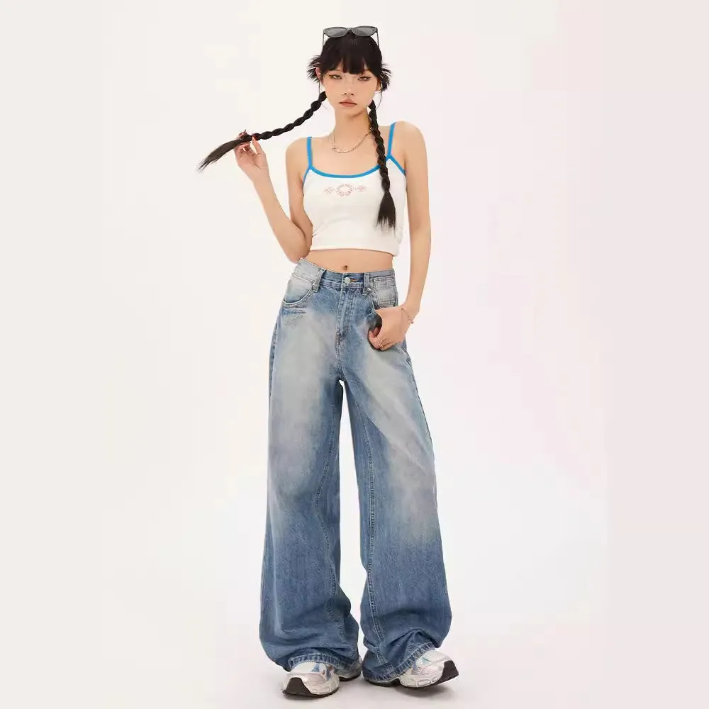 Wenkouban comfy school outfits Fall Street Vibe Style Jeans Women's High Waist Loose Straight Pear Shape Chubby Girl Light Blue Wide Leg Pants