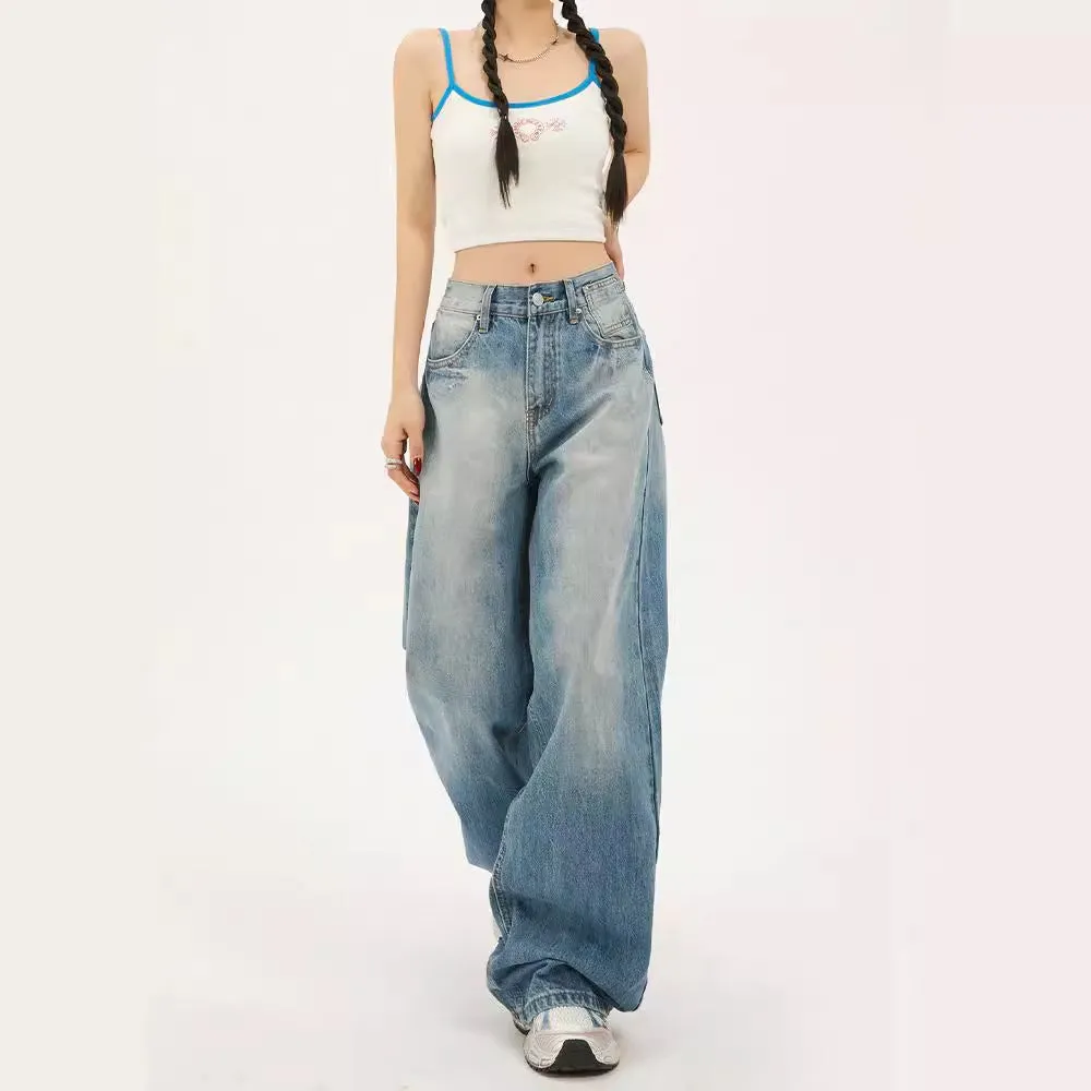 Wenkouban comfy school outfits Fall Street Vibe Style Jeans Women's High Waist Loose Straight Pear Shape Chubby Girl Light Blue Wide Leg Pants