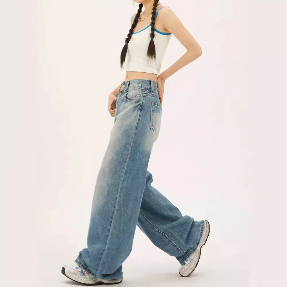 Wenkouban comfy school outfits Fall Street Vibe Style Jeans Women's High Waist Loose Straight Pear Shape Chubby Girl Light Blue Wide Leg Pants