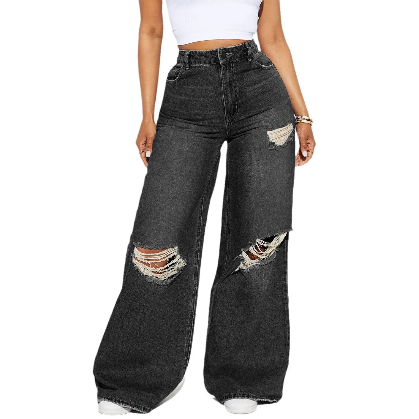 Wenkouban Fall street style idea Women's OOTD Womens Ripped '90s Boyfriend Jeans-Dark Blue