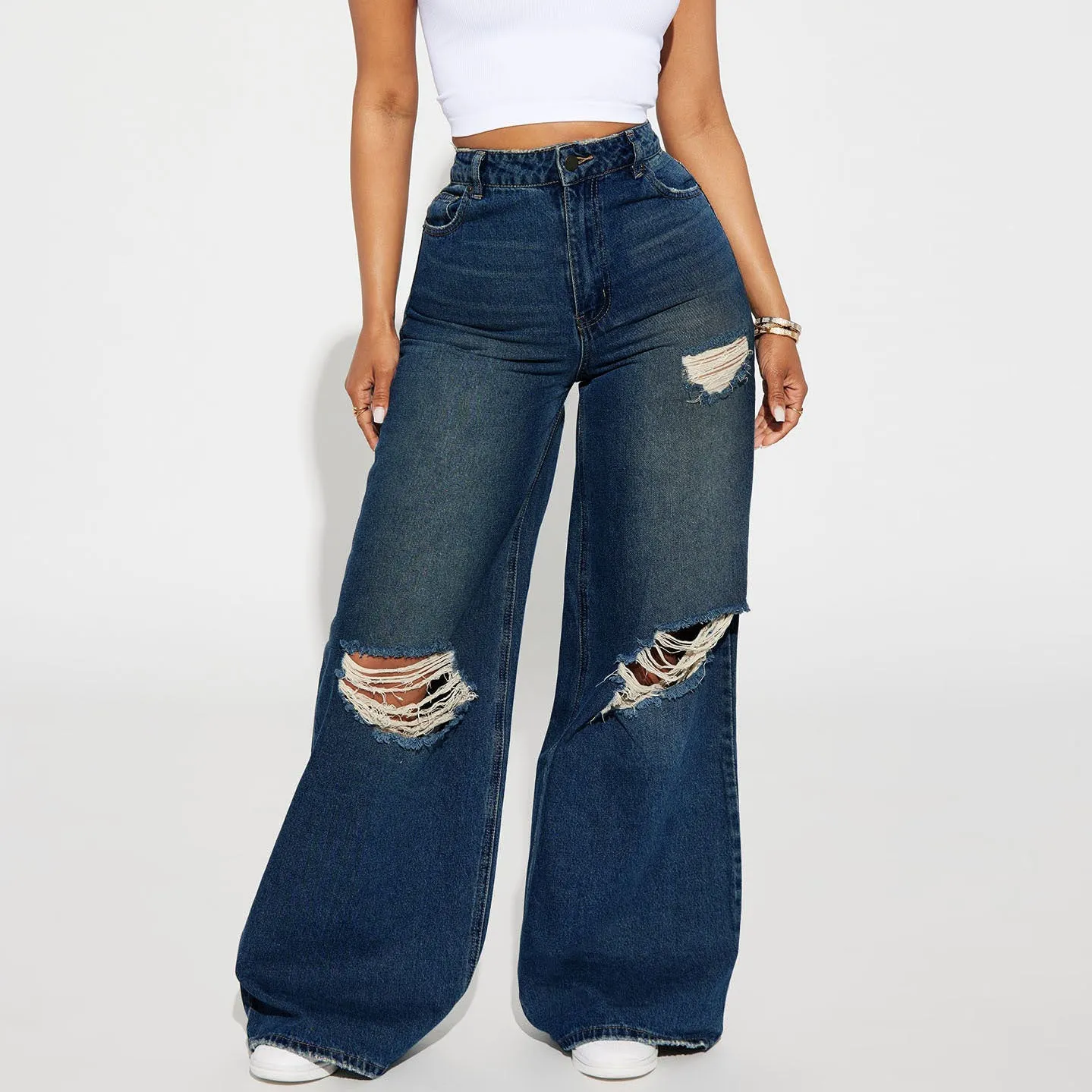 Wenkouban Fall street style idea Women's OOTD Womens Ripped '90s Boyfriend Jeans-Dark Blue