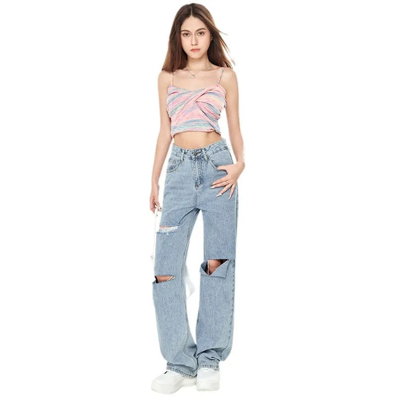 Wenkouban Fall street style Womens Light Indigo Ripped '90s Boyfriend Jeans-Blue