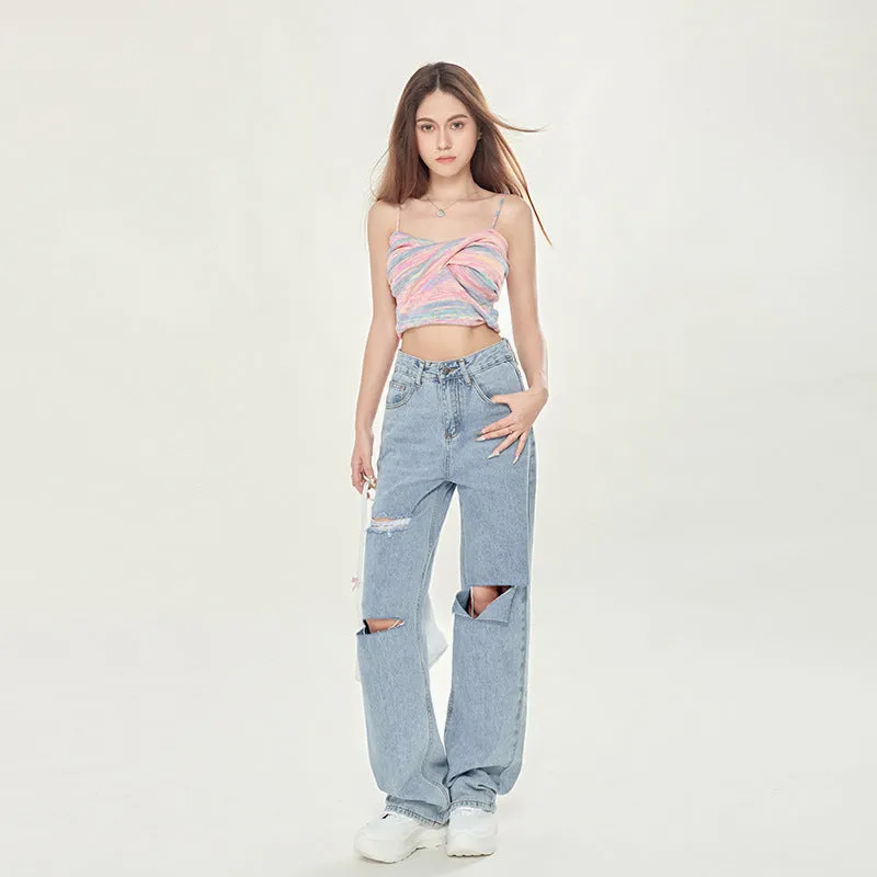 Wenkouban Fall street style Womens Light Indigo Ripped '90s Boyfriend Jeans-Blue