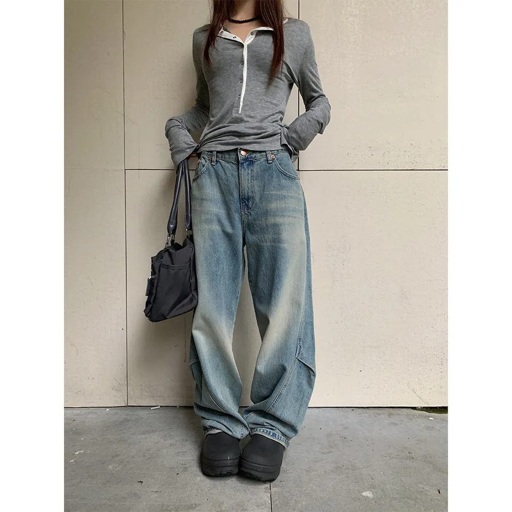 Wenkouban outfit ideas for school 2024 Autumn Personalized Pleated Stand Cut Design Jeans Women's Loose Tie-Dyed Wide-Leg Pants