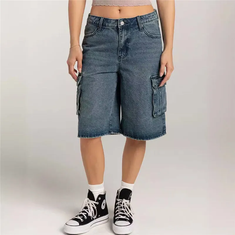 Wenkouban y2k outfits 2024 Summer New Street Hipster Ordinary Washed Workwear Women's Denim Straight Middle Pants