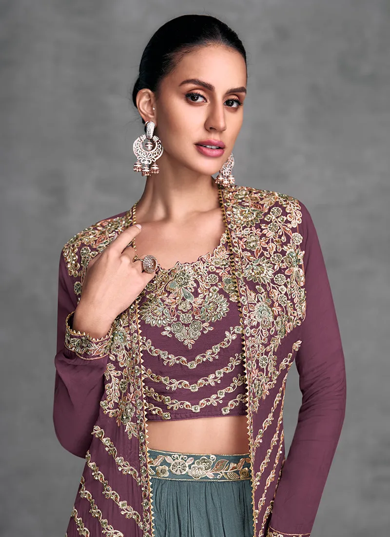 Wine And Teal Embroidered Jacket Style Lehenga Choli