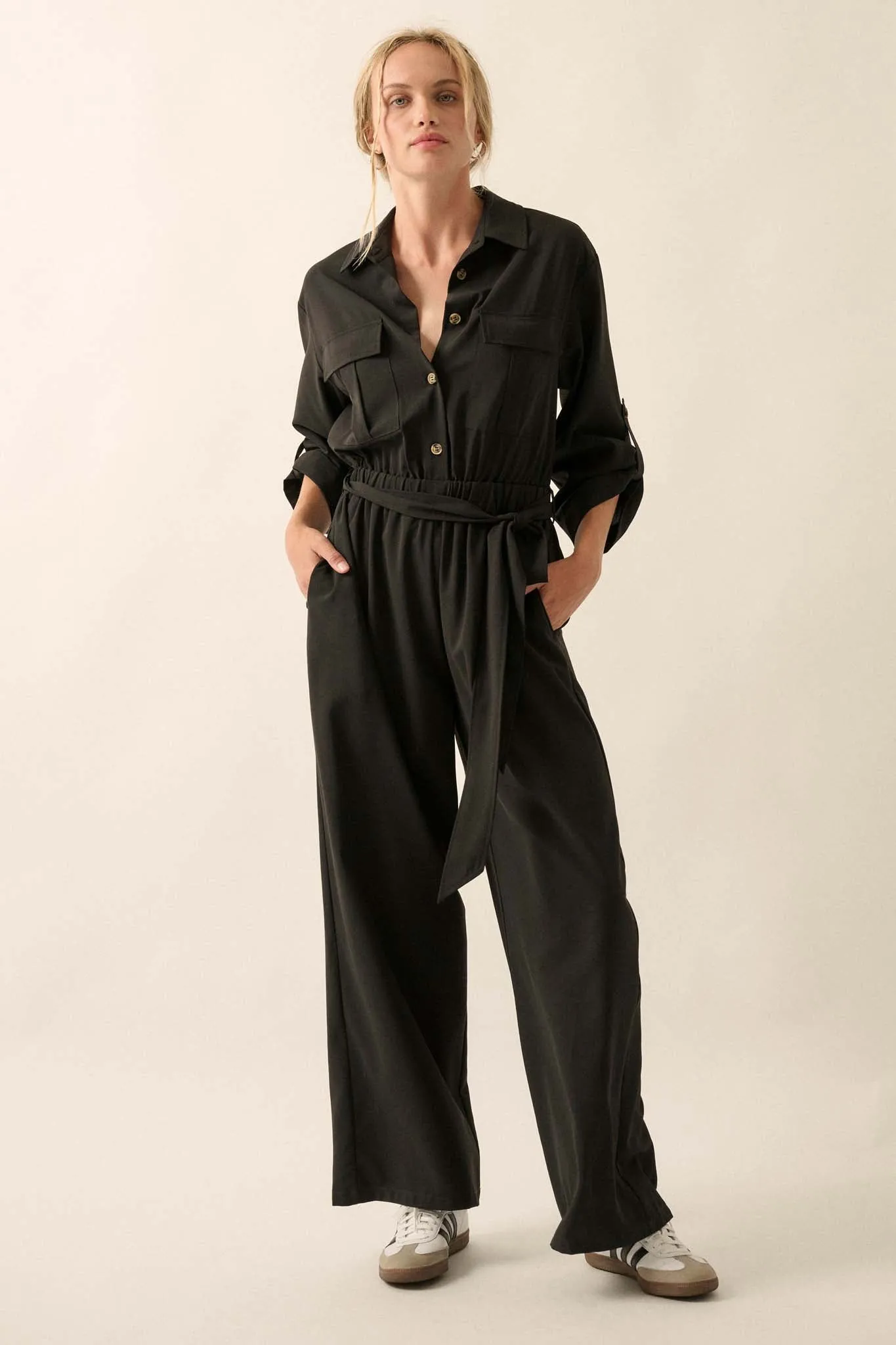 Woman's World Belted Roll-Up Jumpsuit