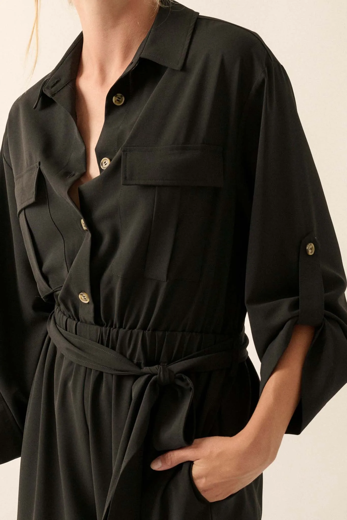 Woman's World Belted Roll-Up Jumpsuit