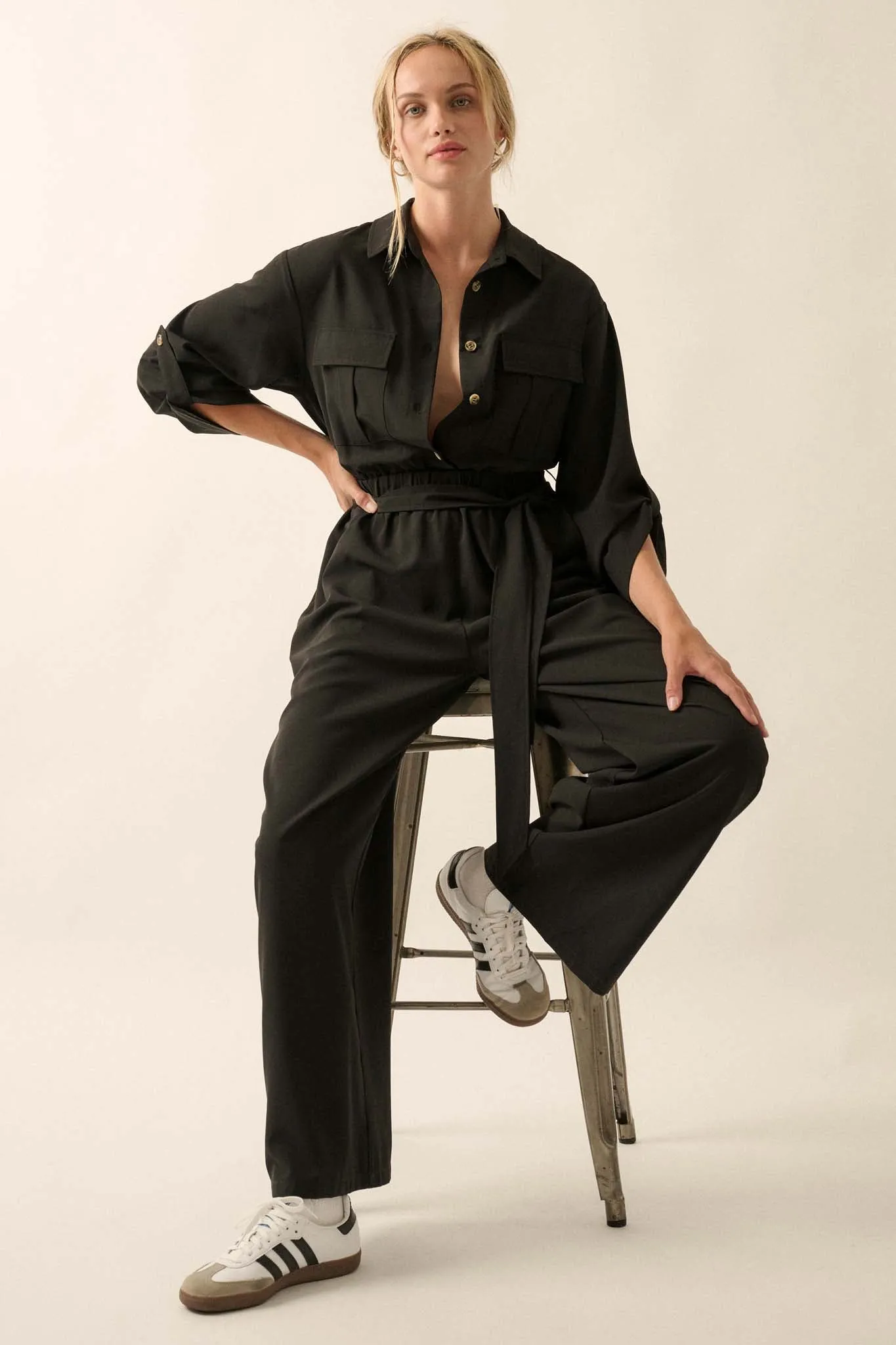 Woman's World Belted Roll-Up Jumpsuit