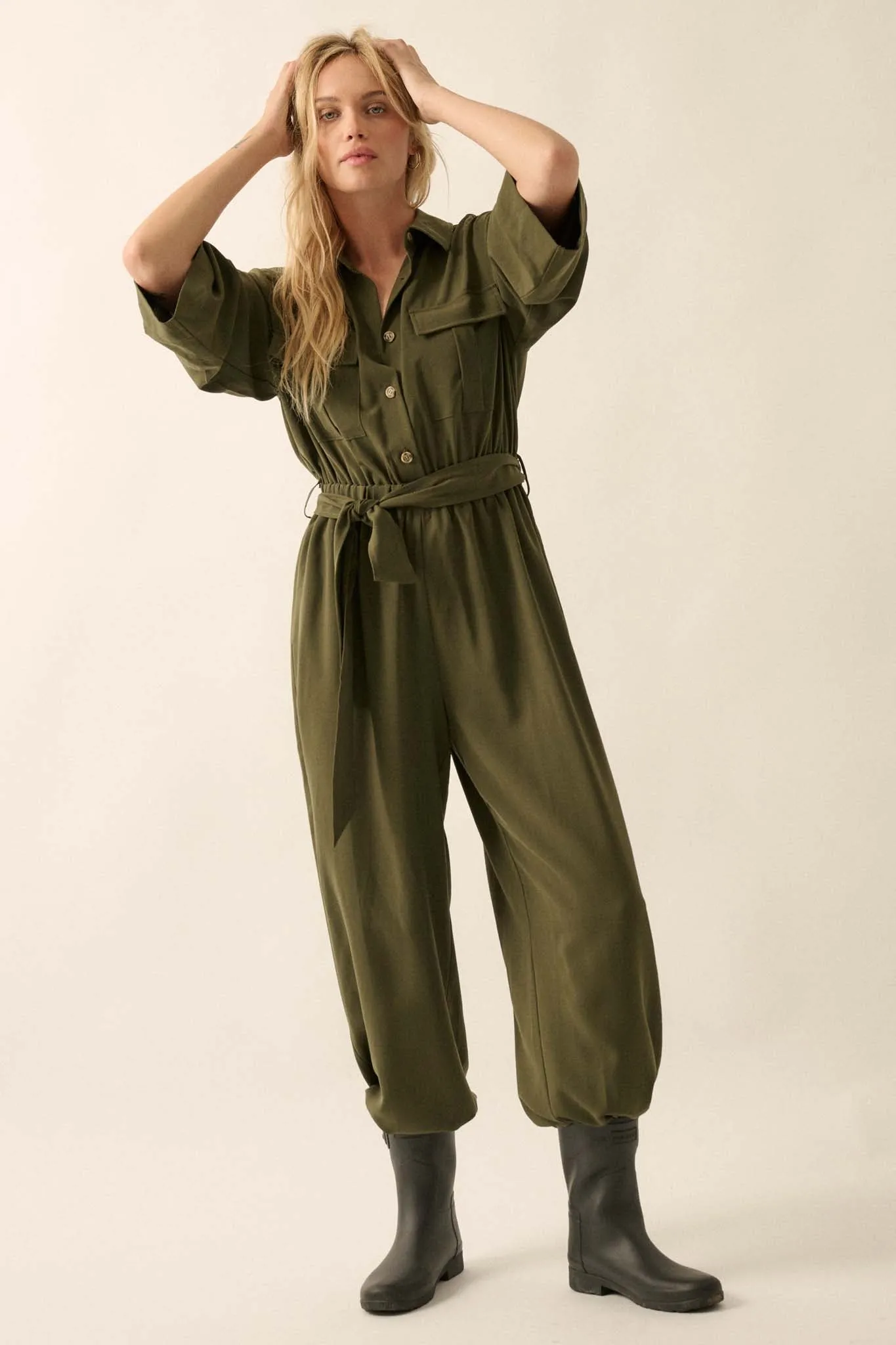 Woman's World Belted Roll-Up Jumpsuit