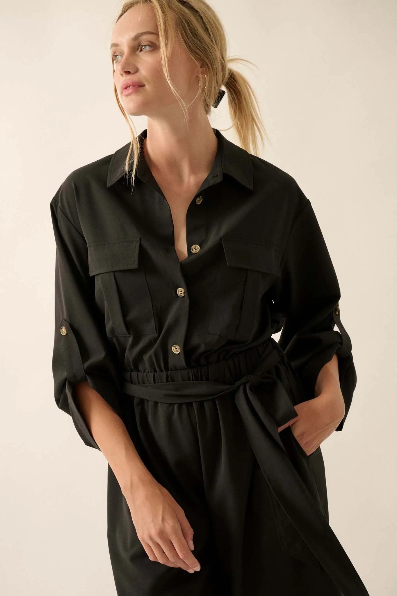 Woman's World Belted Roll-Up Jumpsuit