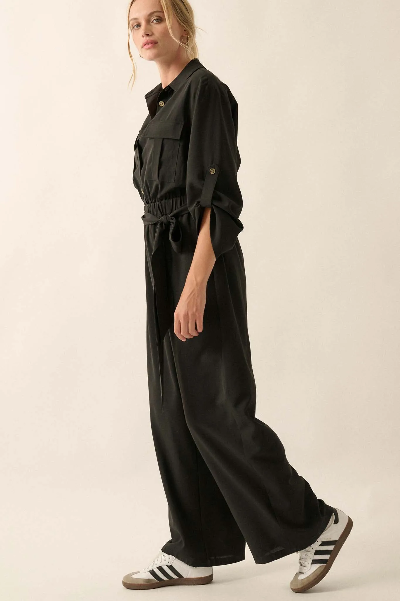 Woman's World Belted Roll-Up Jumpsuit