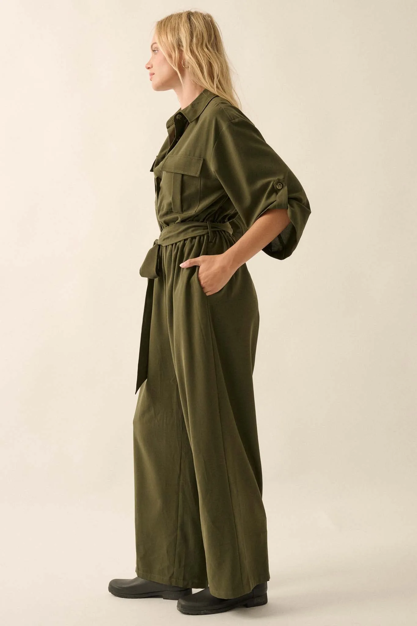 Woman's World Belted Roll-Up Jumpsuit