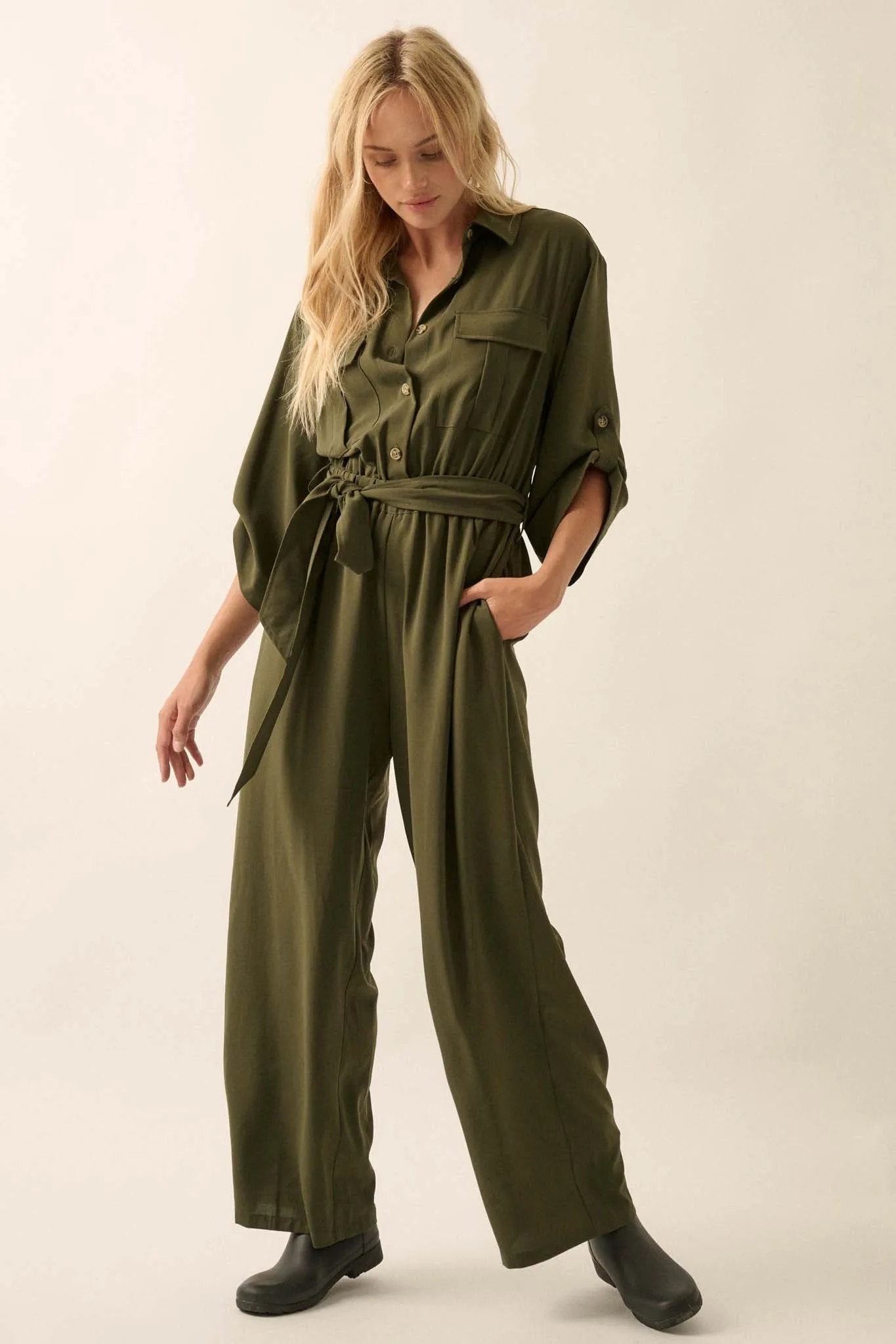 Woman's World Belted Roll-Up Jumpsuit