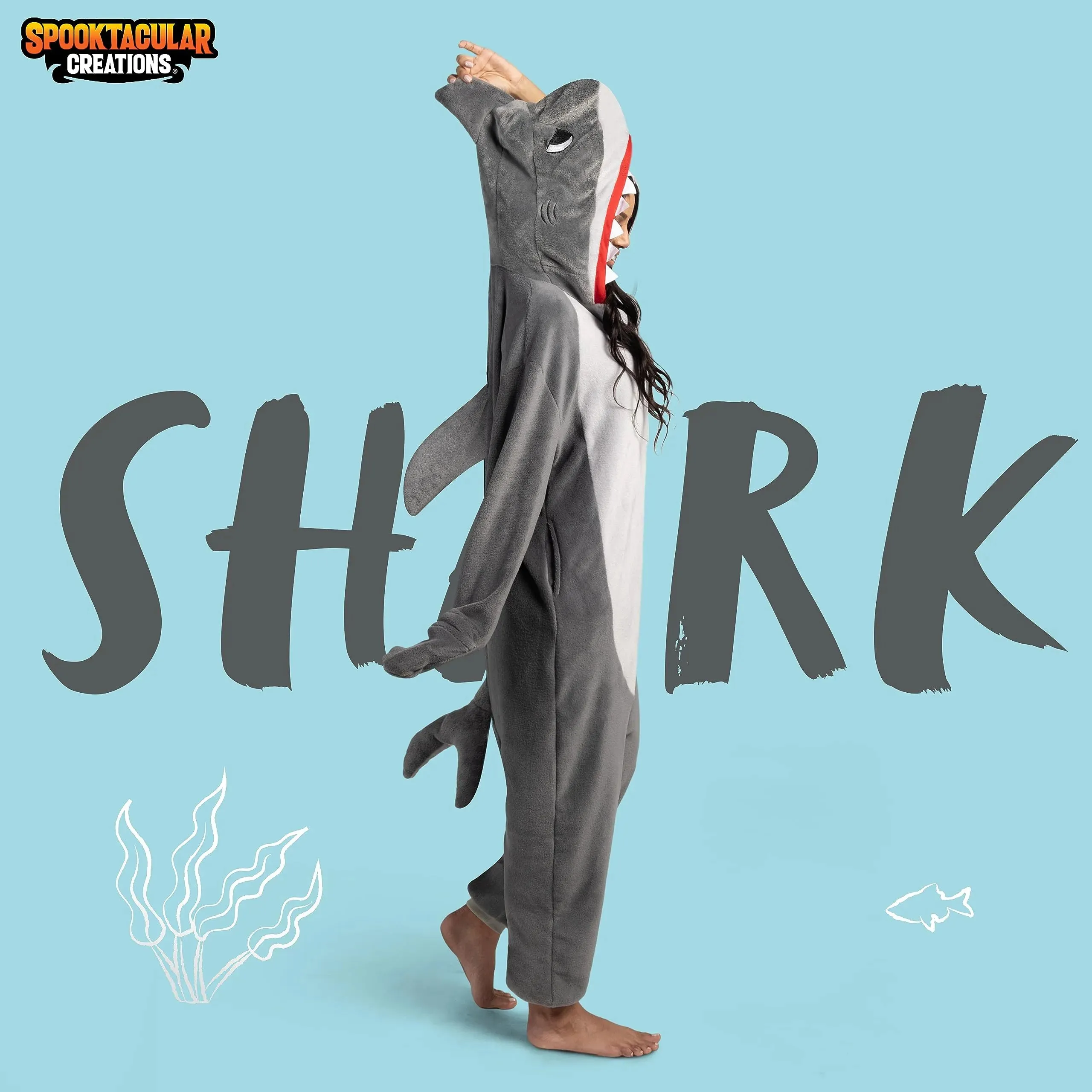 Women Shark Pajama Plush Costume with Hat Tail Dress Up