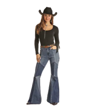 Women's Rock & Roll Patch Denim Bell Bottom Jeans