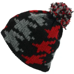 Wool Knit Bobble Beanie Hat - Red Houndstooth