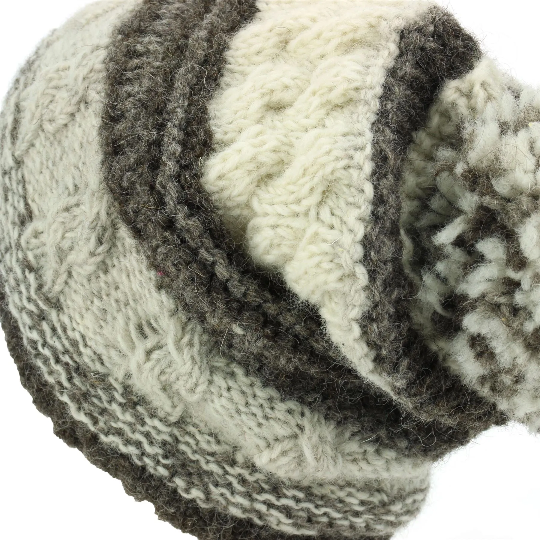 Wool Knit Bobble Beanie Hat - Stripe Natural