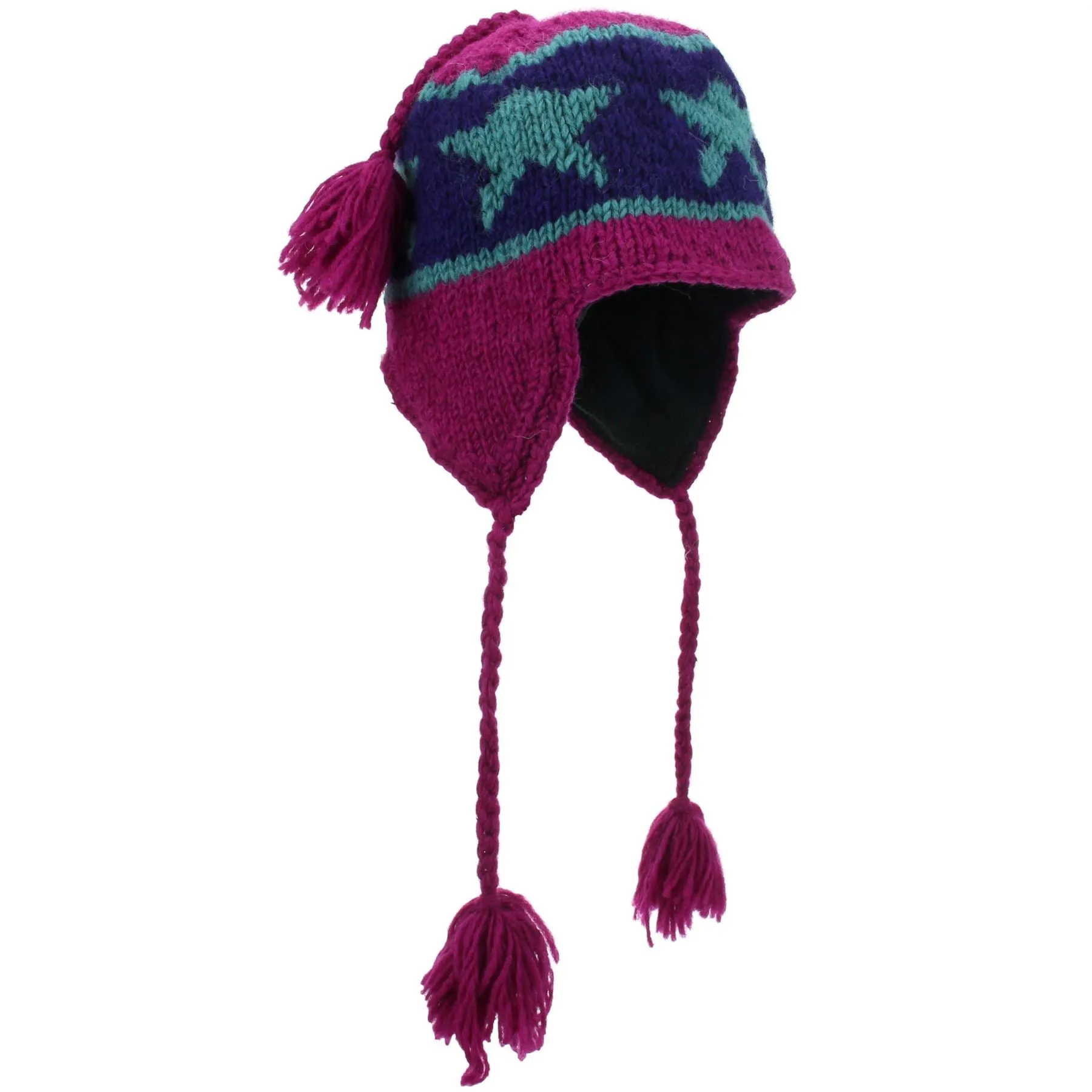 Wool Knit Earflap Tassel Hat - Star Maroon