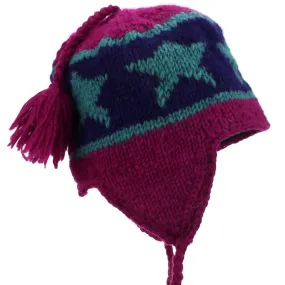 Wool Knit Earflap Tassel Hat - Star Maroon