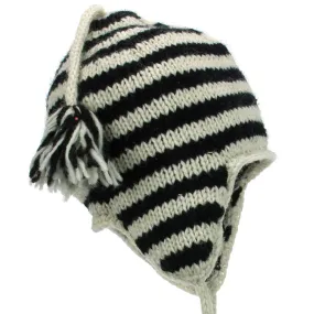 Wool Knit Earflap Tassel Hat - Stripe Cream Black