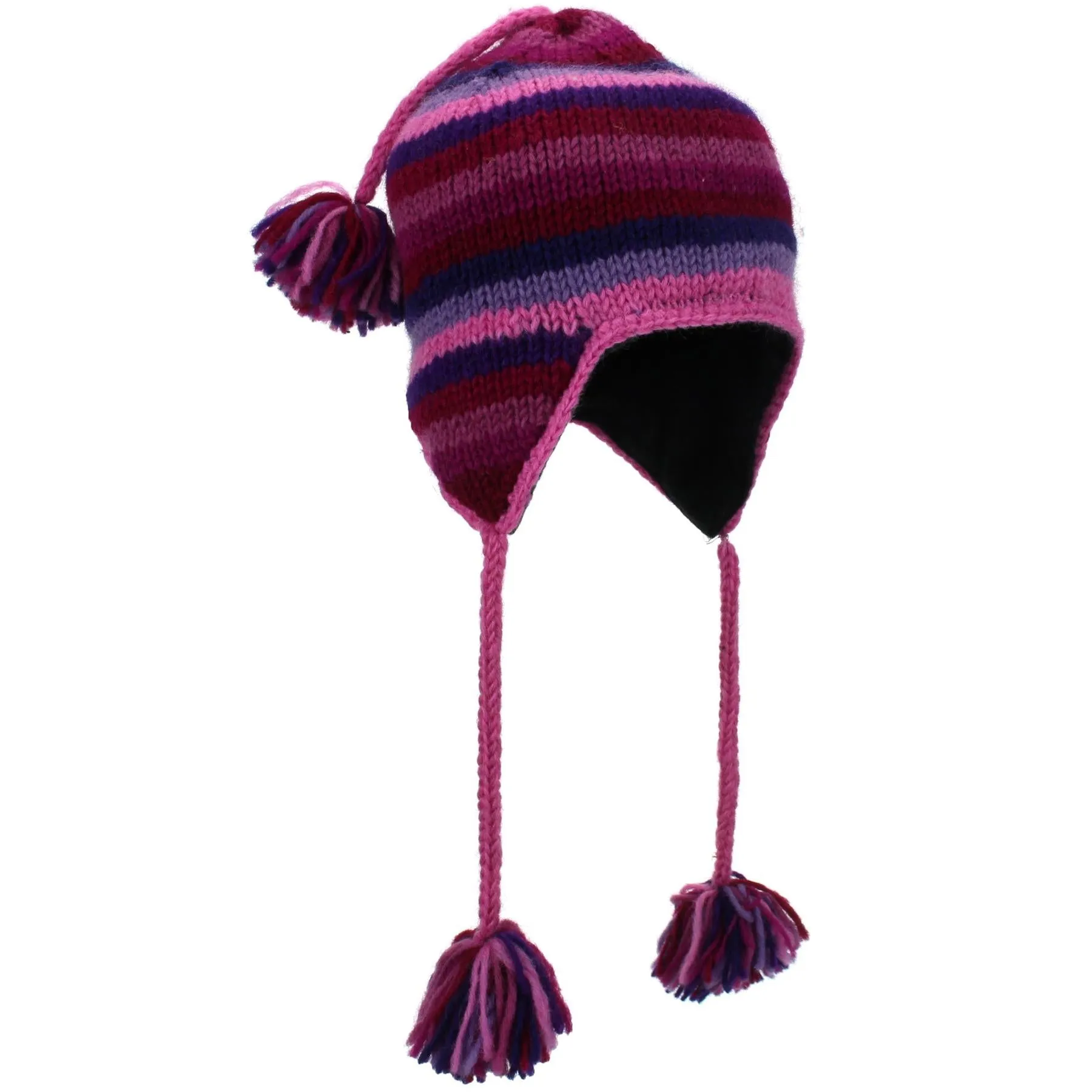 Wool Knit Earflap Tassel Hat - Stripe Pink Purple