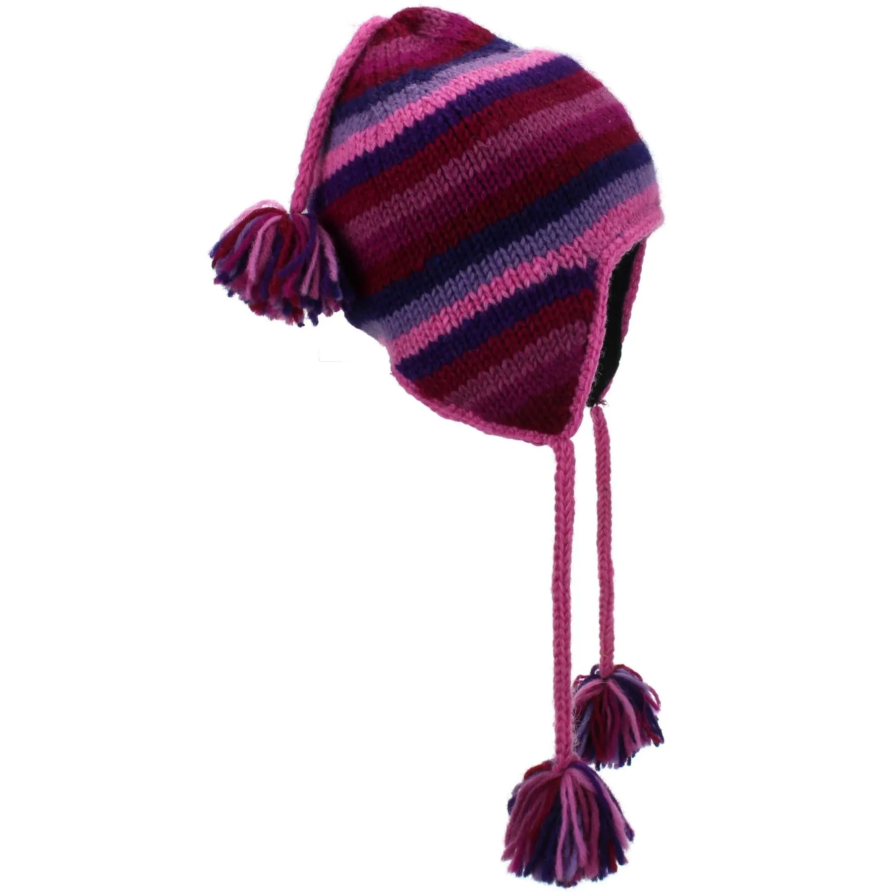 Wool Knit Earflap Tassel Hat - Stripe Pink Purple