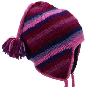 Wool Knit Earflap Tassel Hat - Stripe Pink Purple