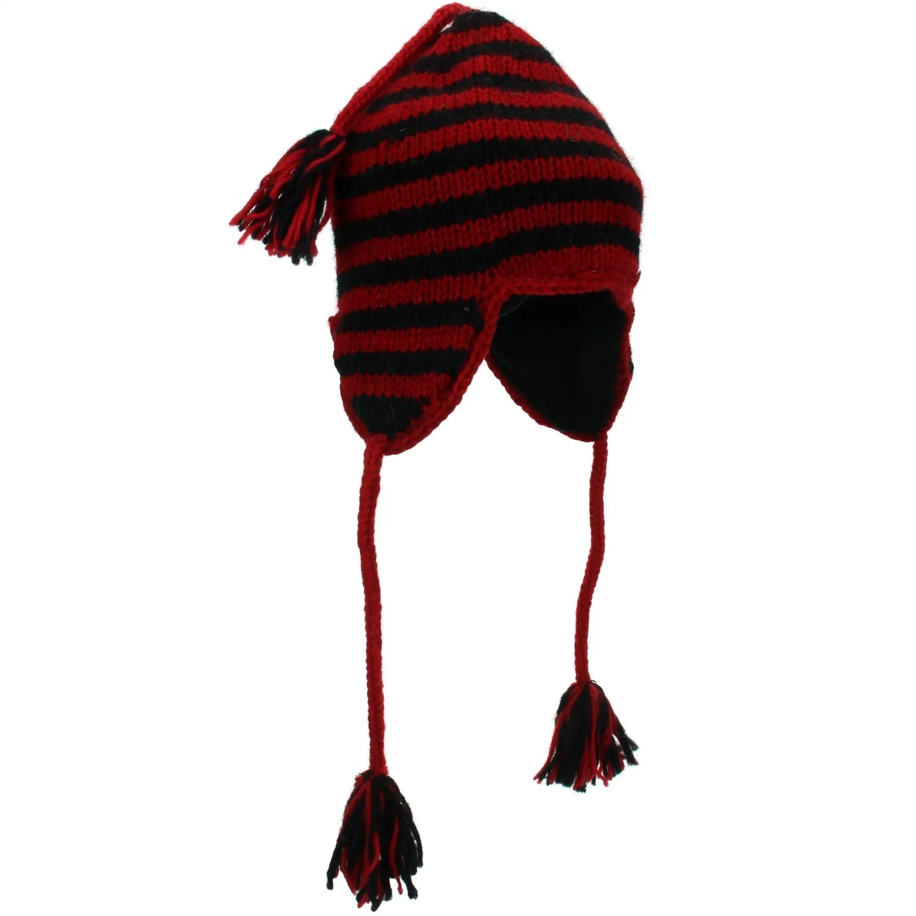 Wool Knit Earflap Tassel Hat - Stripe Red Black