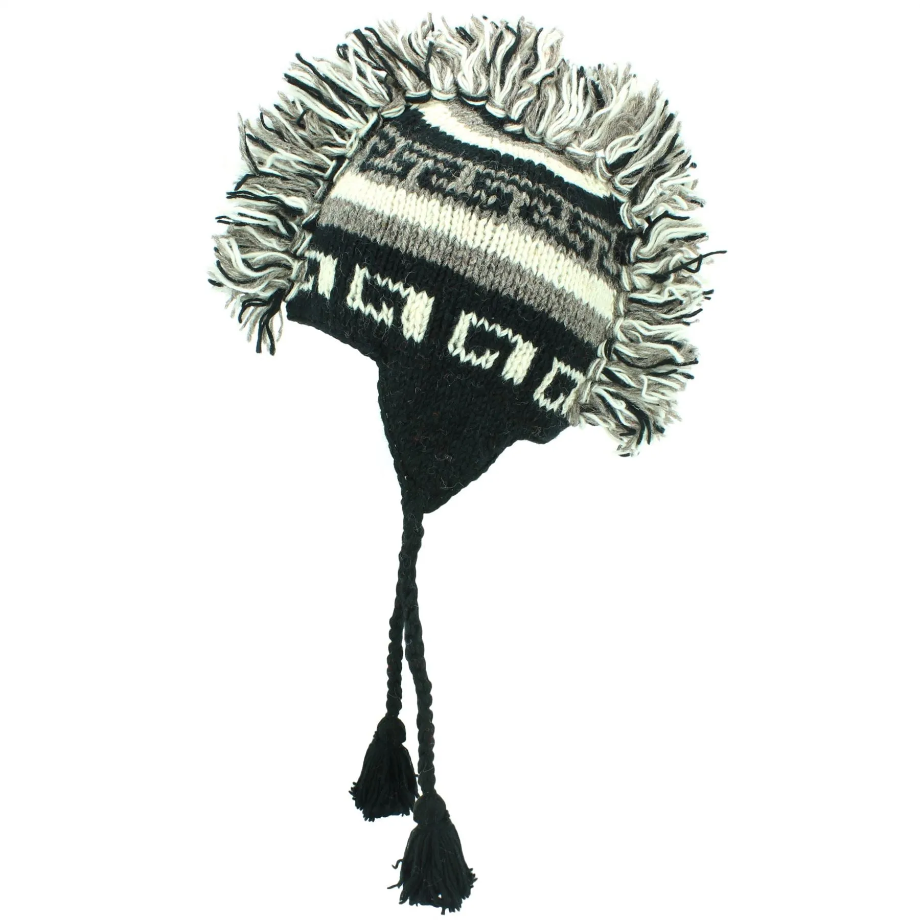 Wool Knit 'Punk' Mohawk Earflap Beanie Hat - Greys