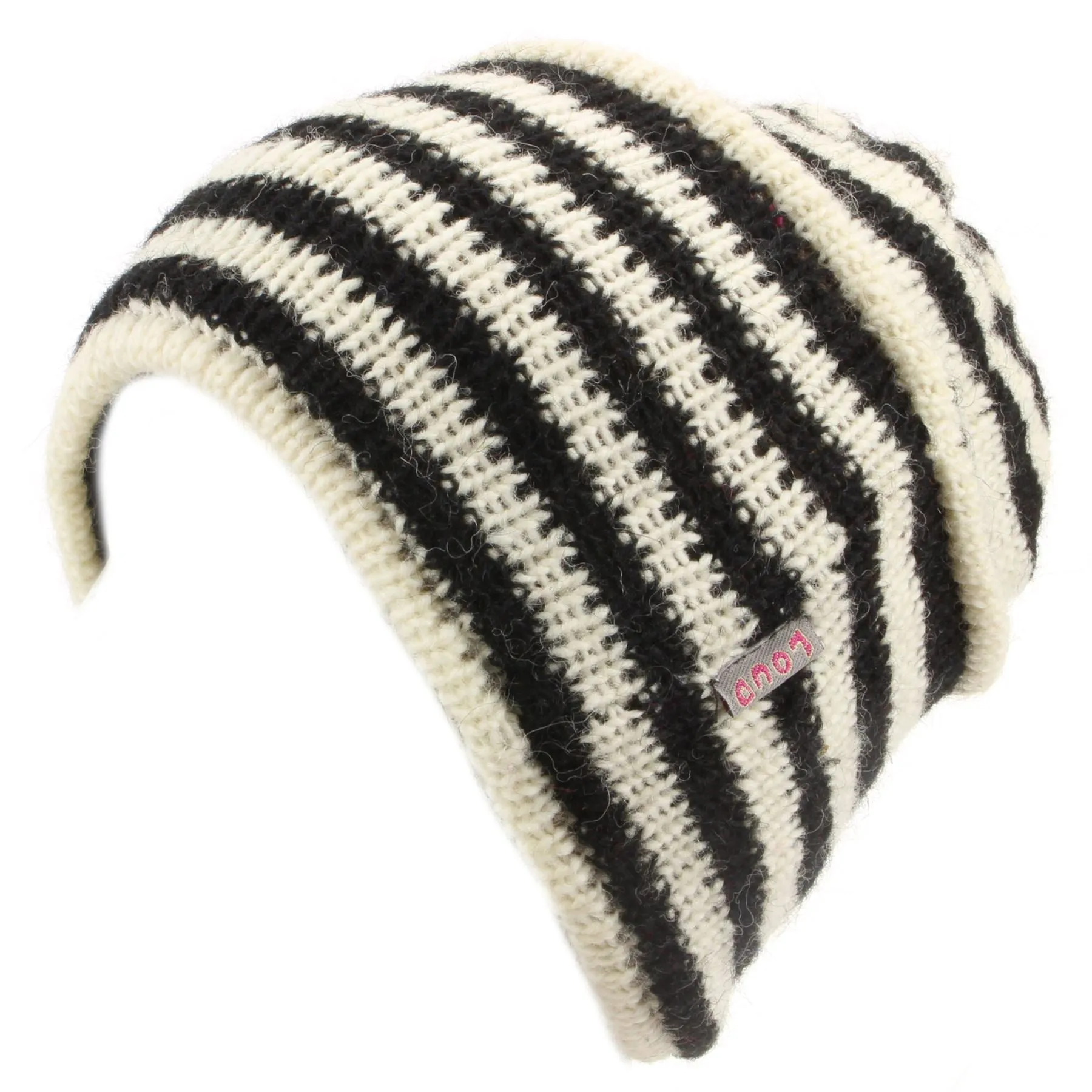 Wool Knit Ridge Beanie Hat with Fleece Lining - White & Black