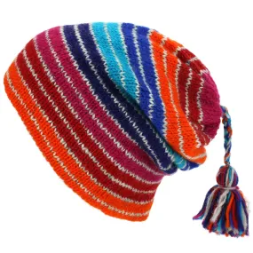 Wool Knit Tassel Beanie Hat - Stripe Blue