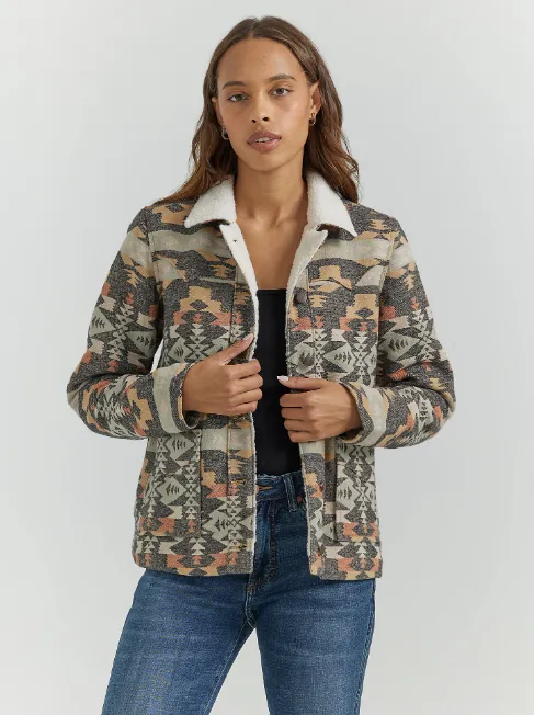 Wrangler Women's Retro Grey Geo Sherpa Lined Southwestern Print Barn Coat 112353135